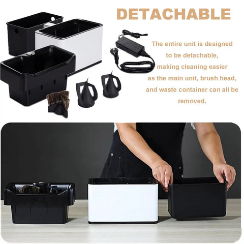 Electric Espresso Knock Box With Automatic Portafilter Cleaner for No Sweat Coffee Puck Disposal and Effortless Barista Counter Setup Perfect for Home Brews or Cafe Crews Today showing detachable units and tools.