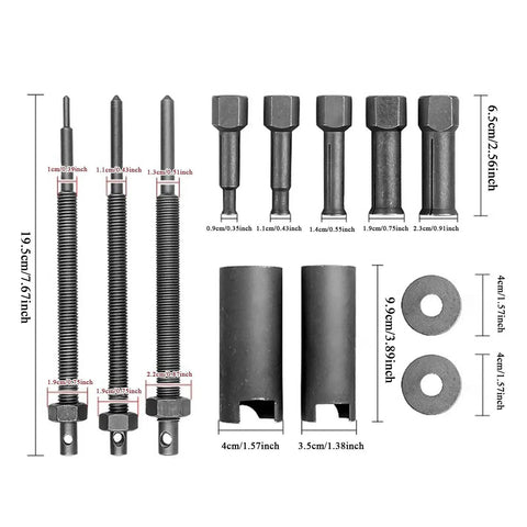 Badass 12 Piece Motorcycle Bearing Puller Tool Set Heavy Duty Internal Removal Kit For Tight Spaces And Deep Reach Extractors Case Safe No Hammer Work Restricted Engine Bays Ideal For Your Iron Horse Garage Grind, steel parts with sizes shown