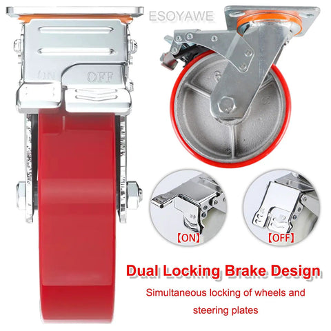 Heavy Duty Polyurethane Replacement Casters With Thick Steel Plates And Included Bolts Roll Smooth As Butter, dual locking brake design.