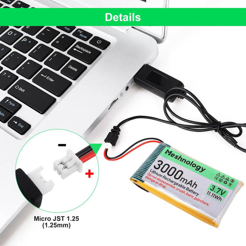 Heavy Duty 3 7V 3000mAh LiPo Battery With USB Charger Cable connected to laptop, Micro JST 1.25 plug visible
