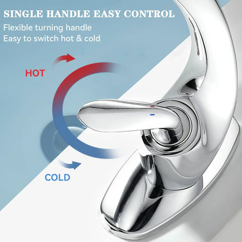 Close-up of Leaf Type Chrome Bathroom Faucet With Modern Single Handle, Sleek Vanity Sink Tap, showing temperature controls.