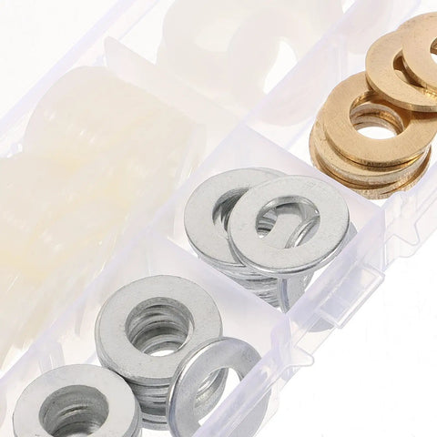 120-Piece M10 Nylon Brass Zinc-Plated Flat Washer Set With Spacers For Screws And Bolts Industrial Flat Round Washers Kit For Household And Commercial Appliance Repairs Built Tough For Daily DIY Fixes, with silver and brass washers in organizer