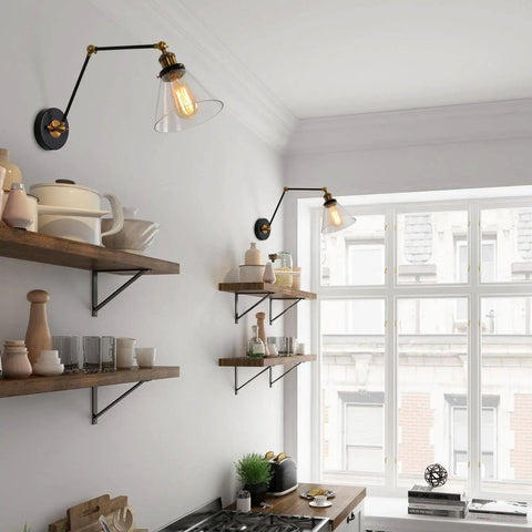 Kitchen with Black And Gold Glass Swing Arm Wall Sconce, Adjustable Plug In Or Hardwired Wall Lamp on wall near shelves.