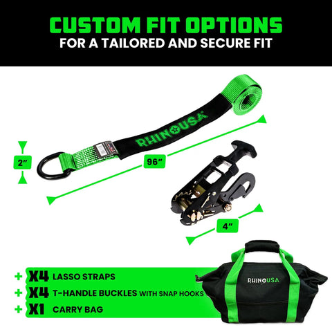 Image of Badass Car Hauler Tie Down Straps Four Pack Two By Eight Foot Lasso Kit With Rust Resistant Snap Hooks, including straps, buckles, and carry bag.
