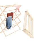 Badass Professional Grade Solid Maple Clothes Drying Rack Heavy Duty Collapsible Air Dryer displaying folded and open with clothes.