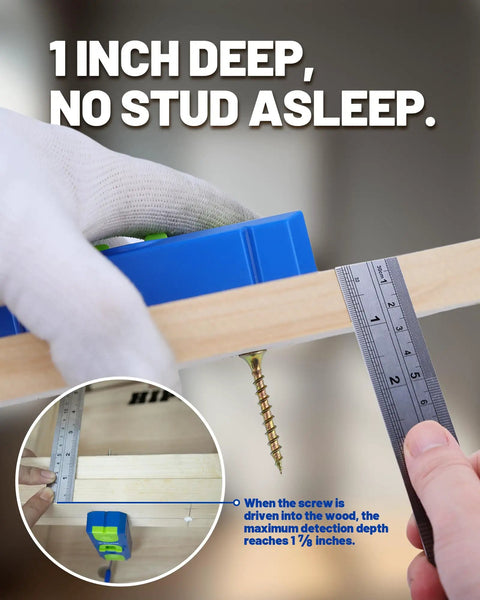 Person using Straight Up Magnetic Stud Finder And Drywall Scanner With 360 Bubble Level and Heavy Duty Magnet on wood, detecting screw depth.