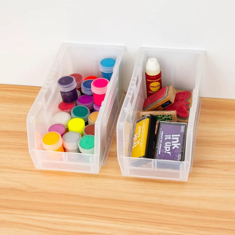 Clear Stackable Storage Bins Set For Garage, Pantry And Craft Room, Heavy-Duty Plastic Organizers That Hold Tools, Snacks, Toys, And More, Space-Saving 11 By 5 By 5 Inches Bins, 12 Pack, with crafts inside