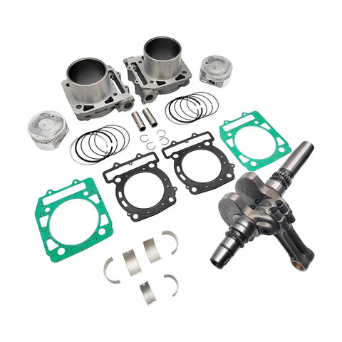 Premium 800 Atv And Utv Engine Rebuild Kit Featuring Front And Rear Cylinder Kits With Iron Clad Crankshaft Bearings parts set laid out.