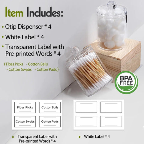 Super Practical Four Pack Clear Acrylic Qtip Holder Dispensers With Lids For Organizing Cotton Swabs Balls Pads And Floss Picks Comes With Labels In Two Sizes Twelve Ounce And Ten Ounce displaying two clear jars with cotton swabs and balls.