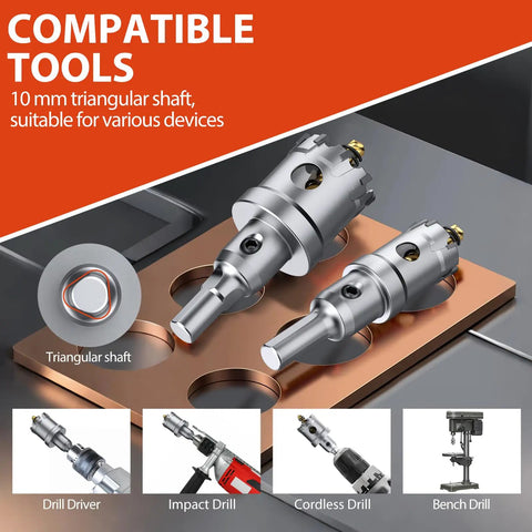 Heavy Duty Tungsten Carbide Hole Saw Drill Bit Set with triangular shaft compatibility for various drills on metal surface