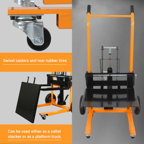 Rock Solid Hydraulic Pallet Jack Stacker With 440 Lb Heavy Load Capacity showing swivel casters and rubber tires, designed for easy mobility.