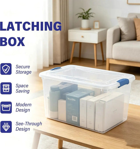 Super Sized 66 Quart Clear Plastic Storage Bins With Lids Stackable Heavy Duty Totes For Clothes Blankets Off Season Gear No Sweat Home Organization Game Changer, showcasing a clear bin with a blue lid on a table.