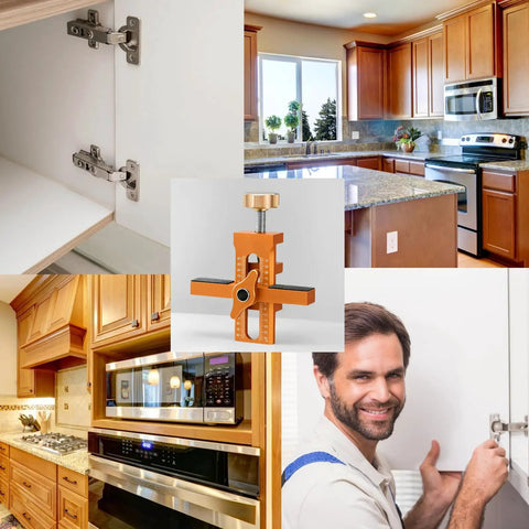 Adjustable Aluminum Cabinet Hardware Jig For Quick Door Alignment Hella Accurate Hinge And Push To Open Setup displayed in kitchen setting.