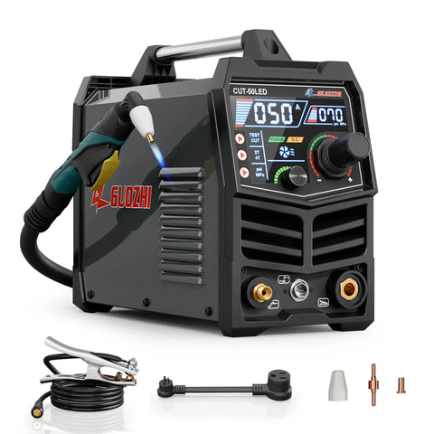 Dual Voltage Plasma Cutter 110 And 220 Volt, 50 Amp Inverter With Pilot Arc, Large LED Display, shown with accessories and connectors.