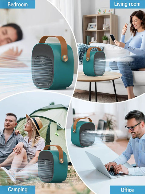 Rechargeable Mini Air Conditioner With 5200mAh Battery displayed in bedroom, living room, office, and camping settings.
