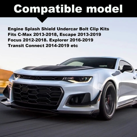 30 Piece T30 Torx Engine Splash Shield Undertray Screws Kit With Red Nylon Lower Nuts And U Clip Nuts Beefy Heavy Duty Fastener Set Compatible With Lincoln MKC Ford Focus Fusion Escape Explorer C Max Transit Connect And More; image showing compatible vehicle models list and car