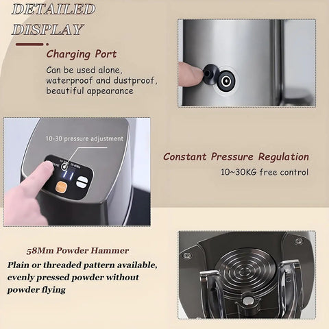 Detail display of Automated Coffee Tamper 58Mm Commercial Portafilter showing charging port and pressure adjustment features.