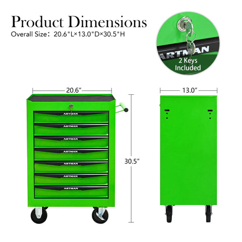 Heavy Duty Freestanding Storage Cabinet With Smooth Rollin Parking Brakes And Ball Bearing Slides For Crazy Convenient Garage Workspace Organization In Sage Green, dimensions and side view.