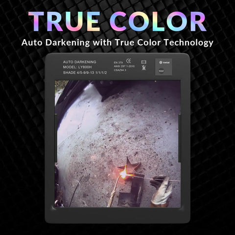 True Color Auto Darkening Welding Helmet with large viewing screen in use, showing welding sparks in clear detail.