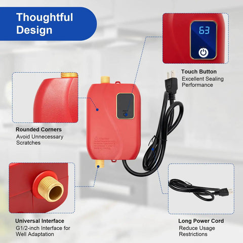 Plug And Play Under Sink Tankless Water Heater 3000W 110V with touch button and universal interface for easy installation.