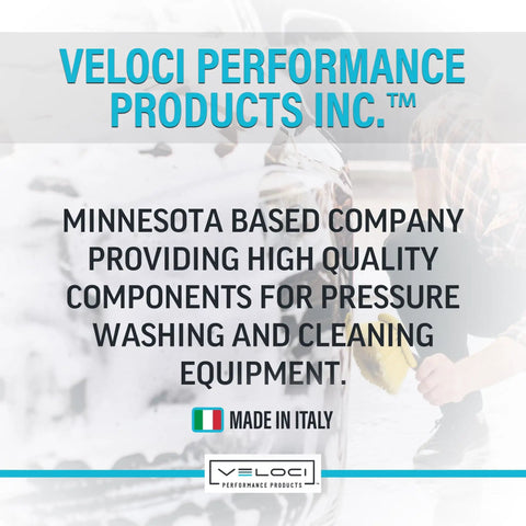 Veloci Performance Products Inc. signage with Made in Italy label, focuses on components for pressure washing and cleaning equipment.