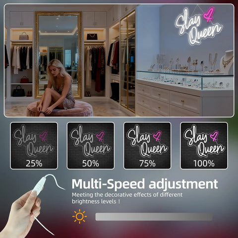 Image showcasing brightness settings for 'Slay Queen' neon sign in closet with Treat Yo Self Neon Sign White Led Neon Lights Usb Powered Bright Bedroom Decor Light Up Letters For Home Office Dorm Room Living Room Parties And Gifts Easy Plug In Fun Romantic Ambience.