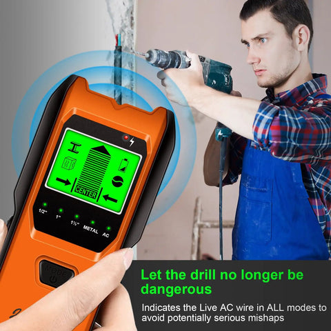 Person using a Smart 5 In 1 Stud Finder And Wall Scanner With Battery, Upgraded Multi Function Sensor for safe drilling.