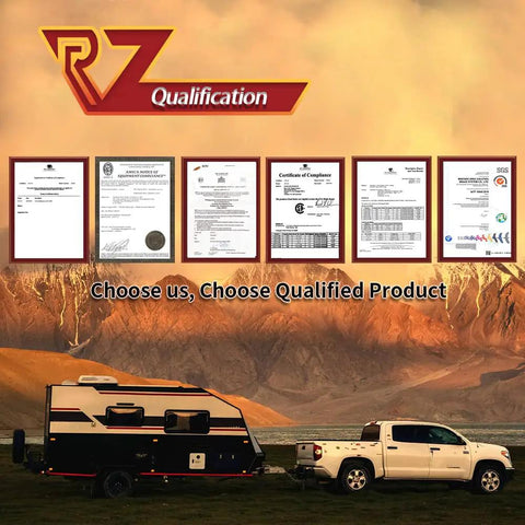 RV trailer parked near mountains with displayed certificates and 'Choose us, Choose Qualified Product' text overlay.