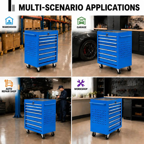 Gangster Tough Rolling Tool Chest With Seven Drawers Lockable Metal Tool Cart For Garage Setup in use in a workshop and garage.