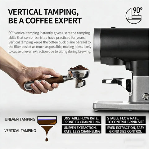 Precision Auto Espresso Tamper 58mm Electric Tamping Station with Smart Pressure Control showcasing vertical tamping technique.