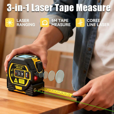 3 In 1 Laser Tape Measure With Digital Readout And LCD Display For Fast One Person Measurements At Home And On Job Sites Up To 197 Feet With Bright Sun Visible Laser And Simple One Handed Use, black and yellow measuring tool on table