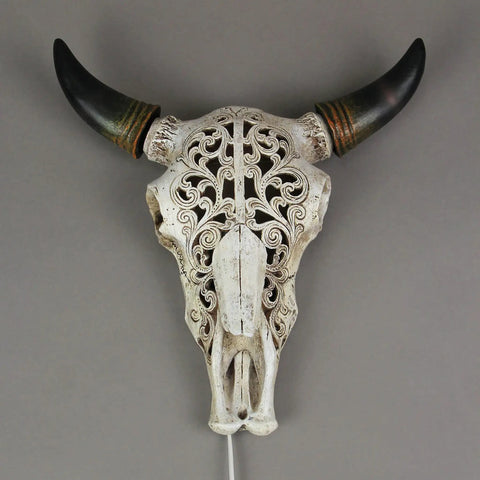 Southwestern Style Steer Skull Resin Wall Sconce Or Table Lamp with carved design and removable metal stand, rustic decor