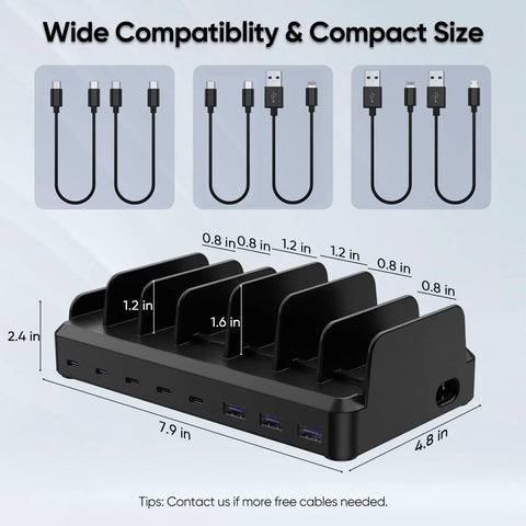 Power Packed 300W Multi Device Charging Station With 8 USB Ports And Dual 65W PD Ports Black with 6 Short Cables Shown