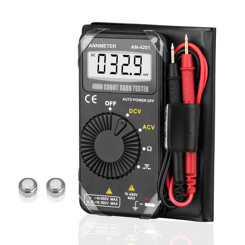 Pocket Handy Digital Multimeter For DIYers Auto Ranging Volt Ohm Meter measures voltage, resistance, with test probes shown.