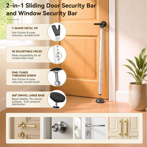 2-In-1 Door And Window Security Bar Locks It Down With Anti-Theft Blocker For Sliding Glass Patio Doors Plus Windows, adjustable safety design, shown next to a door.