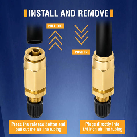 Twin Pack Schrader Valve for One Quarter Inch Air Line Tubing with Push To Connect PTC 200 PSI DOT Approved Air Inflation Valve installed on 1/4 inch tubing