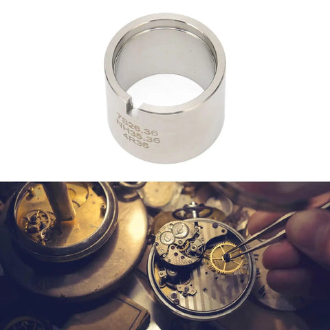 Stainless steel Watch Movement Holder And Base Tool For SKX007 NH35 7S26 7S36 4R Movements, shown with a watch repair scene.