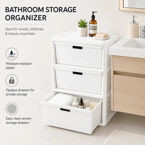 Wide Three Drawer Plastic Storage Tower With Cross Weave Removable Bins For Keeping Your Space Looking Fresh While Solidly Organizing Clothes And Daily Essentials in bathroom setting with toiletries.