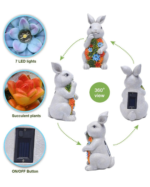360 view of Solar Garden Bunny Statue With Succulent And Seven LED Lights Lawn Decor For Patio Balcony And Yard Best Gift For Mom Grandma Women Weather Resistant Durable Outdoor Decor