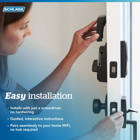 Woman installing Rock Solid Keyless Entry Deadbolt With Built-In Wi-Fi on a door; secure and easy installation process.