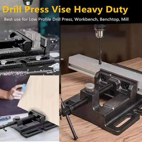 Beefy 4 Inch Heavy Duty Drill Press Vise With Quick Release Clamp Low Profile Benchtop Vise For Workbench Drills 4.3 Inch Jaw Opening And 4 Inch Jaw Width Includes 4 Bolts mounted on drill press table