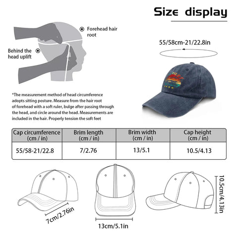Size chart and side view of Women's RV Pilot Hat For Road Trips And Camper Vacations, Adjustable Back Buckle For The Perfect Fit