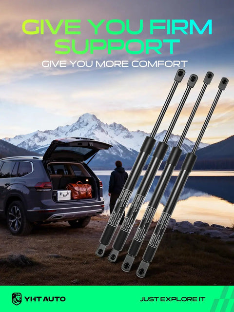 Chevrolet Trailblazer GMC Envoy Oldsmobile Bravada Saab 9 7X Isuzu Ascender Buick Rainier Rear Window Glass And Tailgate Lift Support Gas Struts Set Of 4 Replacement displayed near SUV with open tailgate in scenic mountain view.
