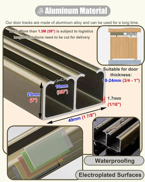 Heavy Duty Sliding Door Hardware Kit For Two Panels Adjustable Barn Track with aluminum alloy track dimensions displayed.
