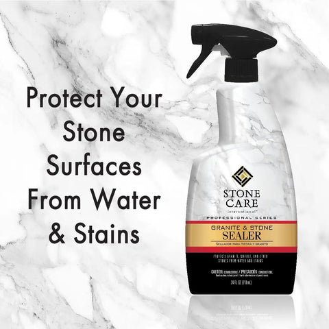 No Fuss Granite Sealer And Stone Protector Spray That Dries In A Snap, 24 oz bottle on marble background.