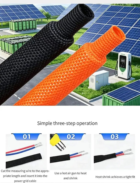 Black and orange heat shrink braided cable sleeve 300cm black heavy duty flame retardant insulation wire wrap near solar panels.