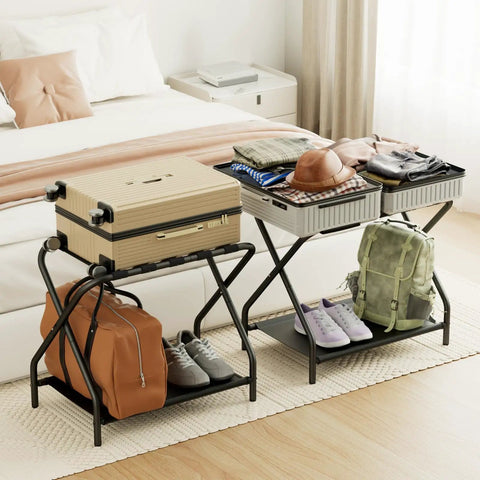 Heavy Duty Foldable Luggage Rack Set Of Two Built Tough Metal Suitcase Stands For Travelers Non Slip Nylon Straps with bags and clothing