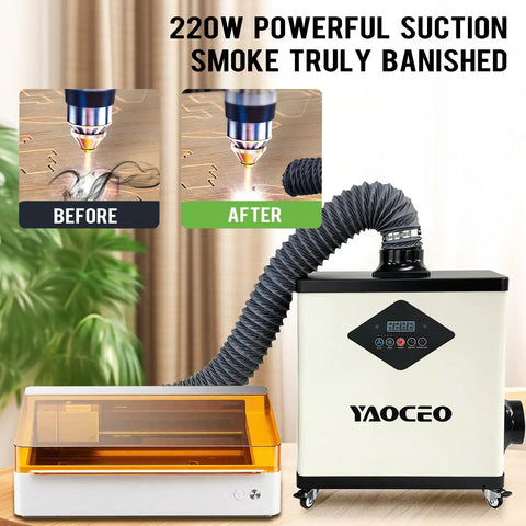 Laser Fume Extractor For Engraving And Cutting, High CFM Smoke Purifier showing before and after effect with laser machine.