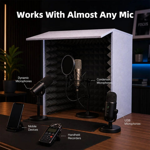 28 Inch Foldable Soundproof Desktop Booth For Sweet Vocal Trax And Podcast Recording Featuring No Fuss Quick Snap Setup, showcasing multiple microphones.