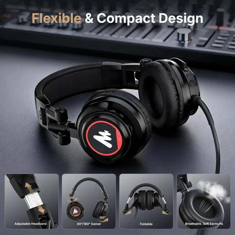 USB Condenser Microphone With Studio Headphones Set for Podcasting and Streaming, adjustable black headphones on audio mixer